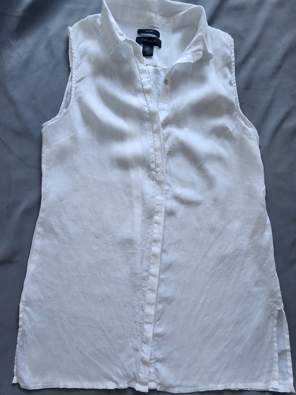 Tahari White 100% Linen Sleeveless Button Down Tunic Blouse